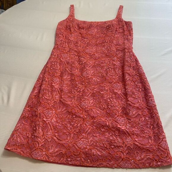 Carmen Marc Valvo Signature Pink Beaded Embellished Lace Dress Size 12 - Picture 9 of 16